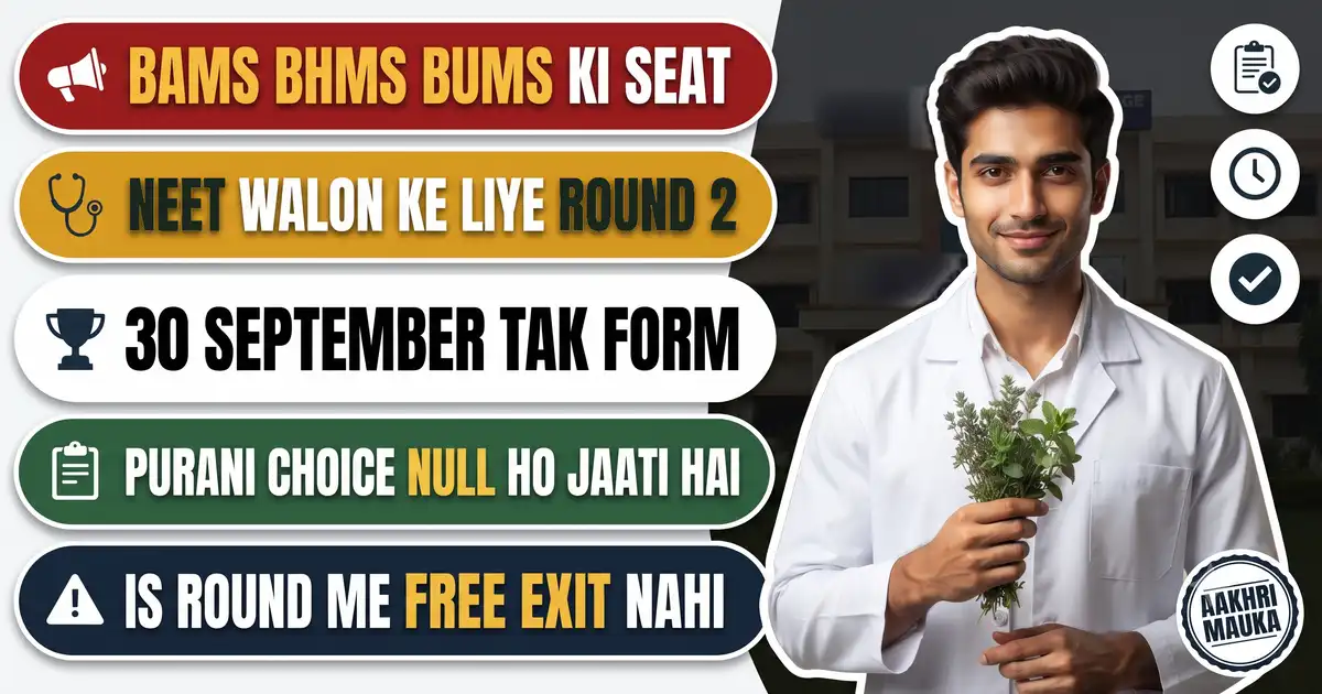 AYUSH UG Counselling 2026 Round-2 - Registration 26 Se 30 September, BAMS BHMS BUMS Ke Liye; Is Round Me Free Exit Nahi Hai, Paisa Doob Jaata Hai
