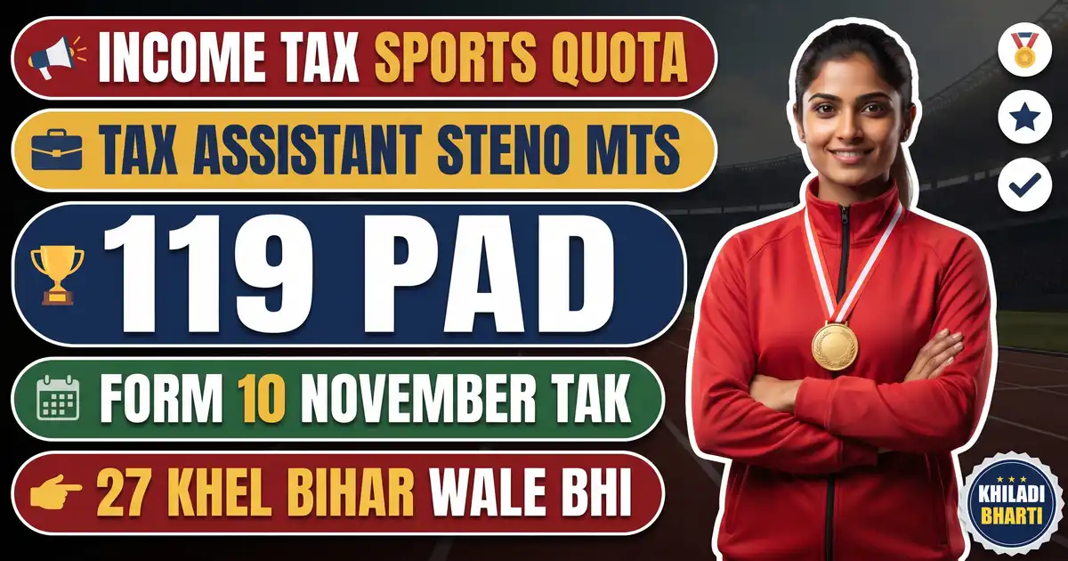Income Tax Delhi Sports Quota 2026 - 119 Pad (Tax Assistant 44, Steno 9, MTS 66); Form 17 October Se 10 November Tak, 27 Khel, Bihar Ke Khiladi Bhi Yogya