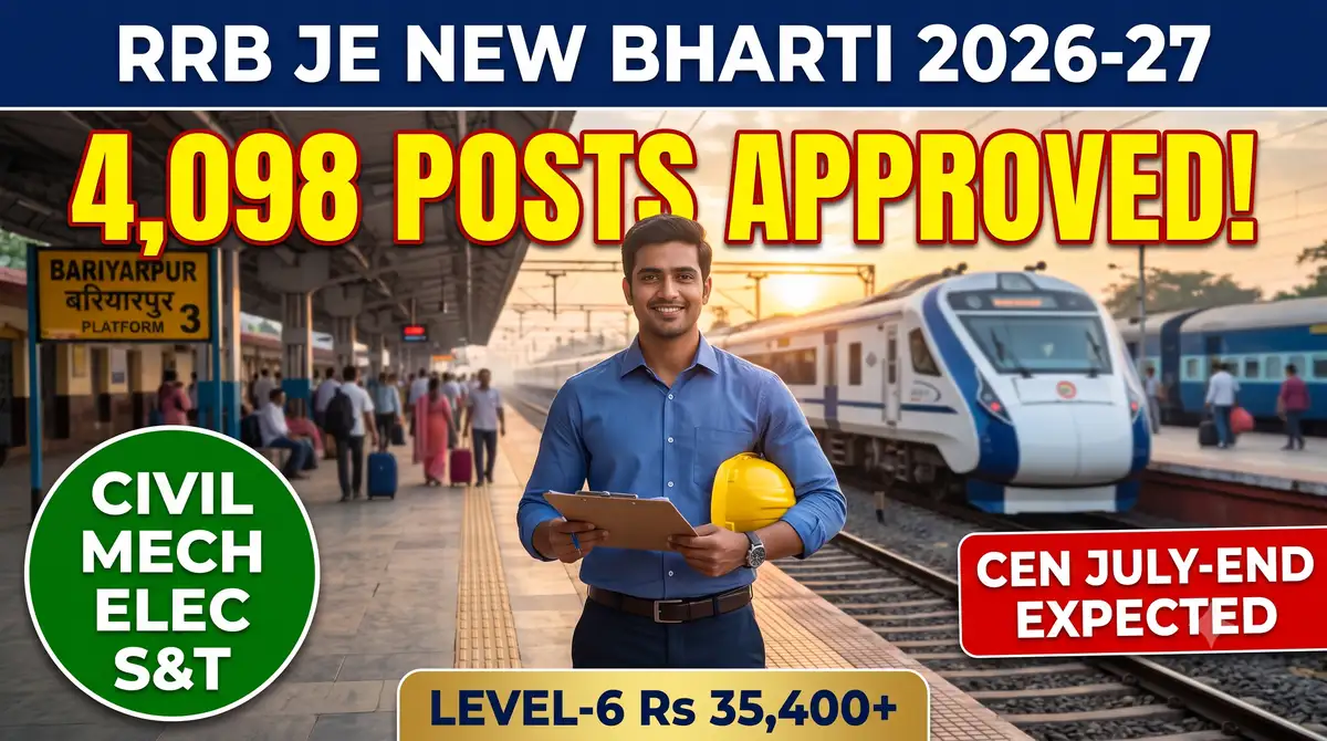 RRB JE New Recruitment 2026-27 - 4,098 Posts Approved, Notification Expected July-End