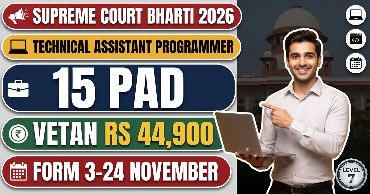 Supreme Court Court Assistant (Technical Assistant-cum-Programmer) 2026 - 15 Pad, Level 7 Rs 44,900; Form 3 Se 24 November, B.Tech/MCA Ke Saath 3 Saal Software Anubhav Zaroori