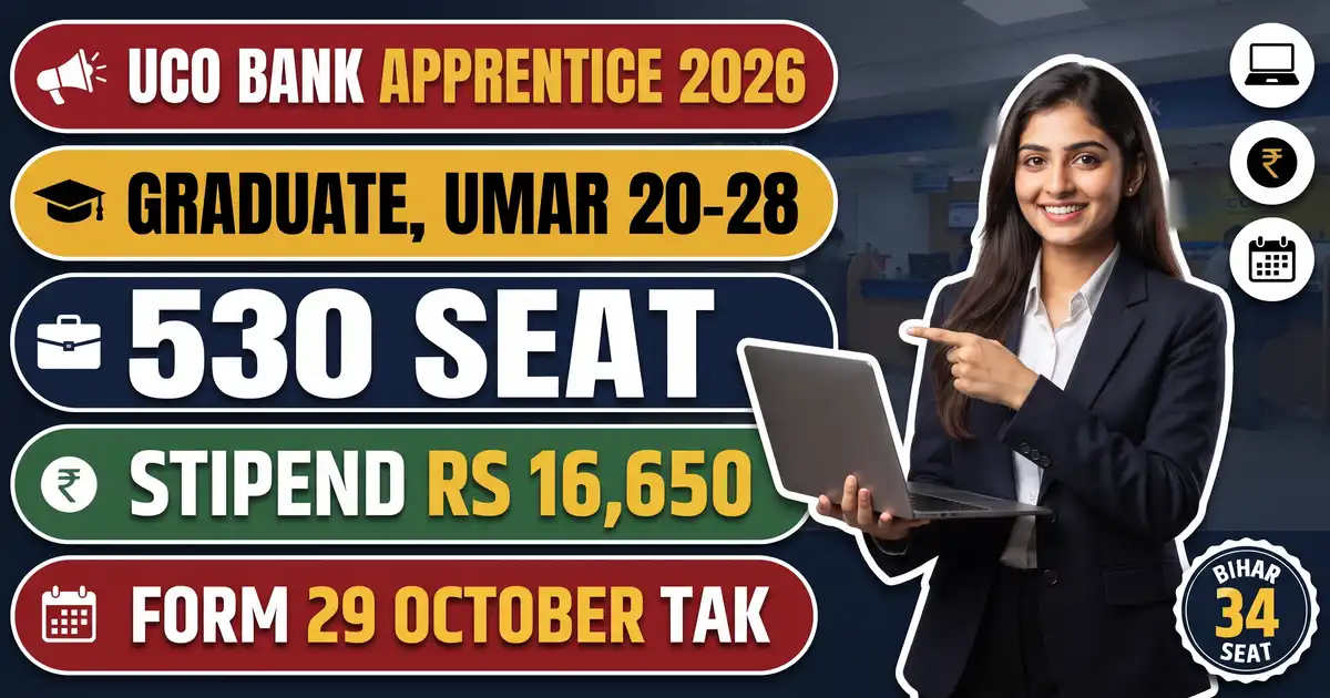 UCO Bank Apprentice 2026-27 - 530 Seat Jinme Bihar Ki 34, Form 29 October Tak; Online Exam 7 November Ko Ghar Se, Stipend Rs 16,650