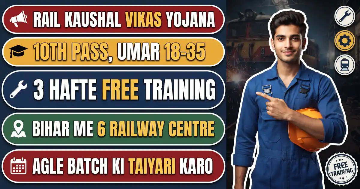 Rail Kaushal Vikas Yojana 2026 (RKVY) - Railway Ki Free 3 Hafte Ki Training, 10th Pass, 18-35 Saal; Bihar Ke 6 Railway Centre Aur Agla Batch