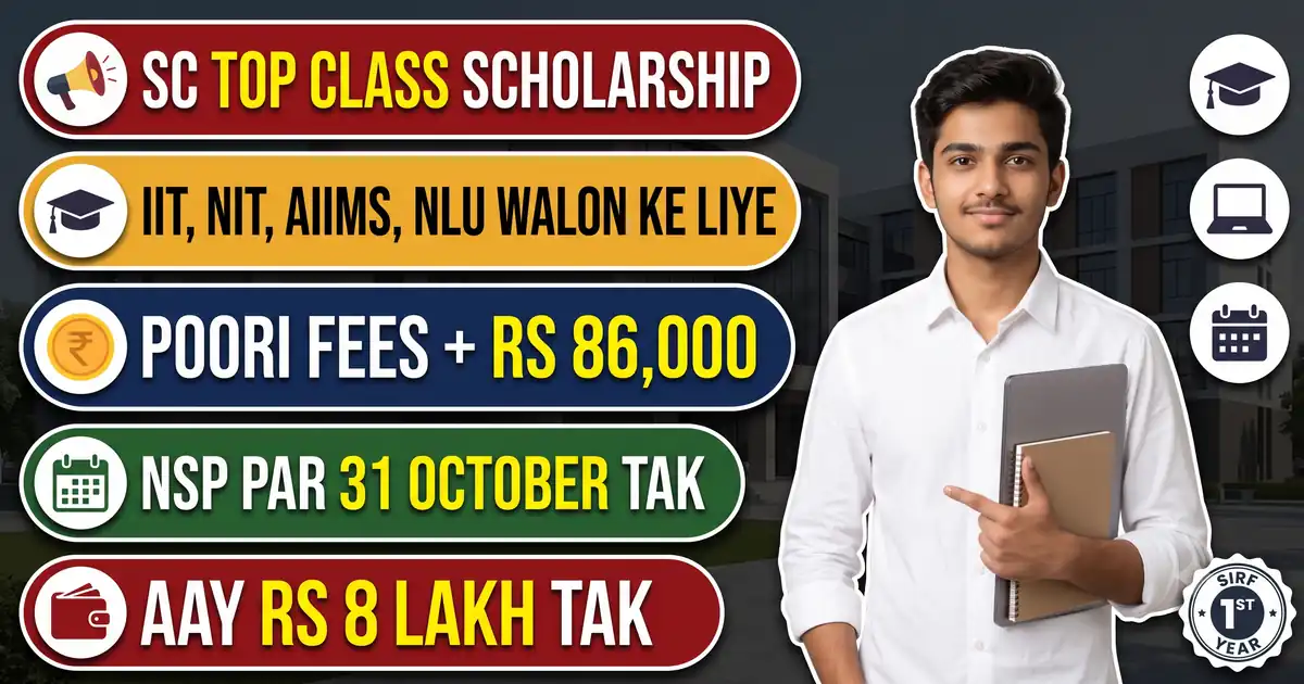 SC Top Class Scholarship 2026-27 (Form 31 October Tak): IIT, NIT, IIM, AIIMS, NLU Me Padhne Wale SC Chhatron Ki Poori Fees + Rs 86,000 - Sirf Pehle Saal Wale Bharein